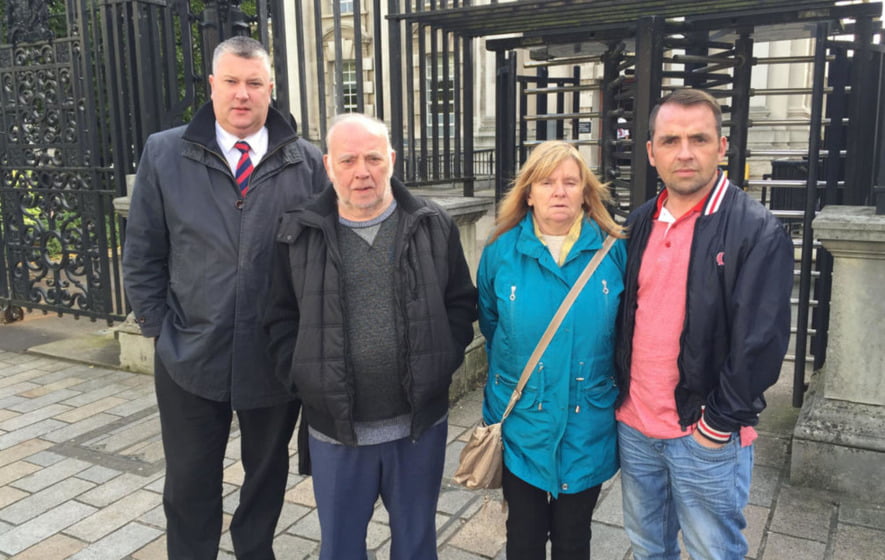 From left, solicitor Fearghal Shiels, Pearse Jordan's father Hugh, mother Teresa and brother Matt outside the Royal Courts of Justice in Belfast