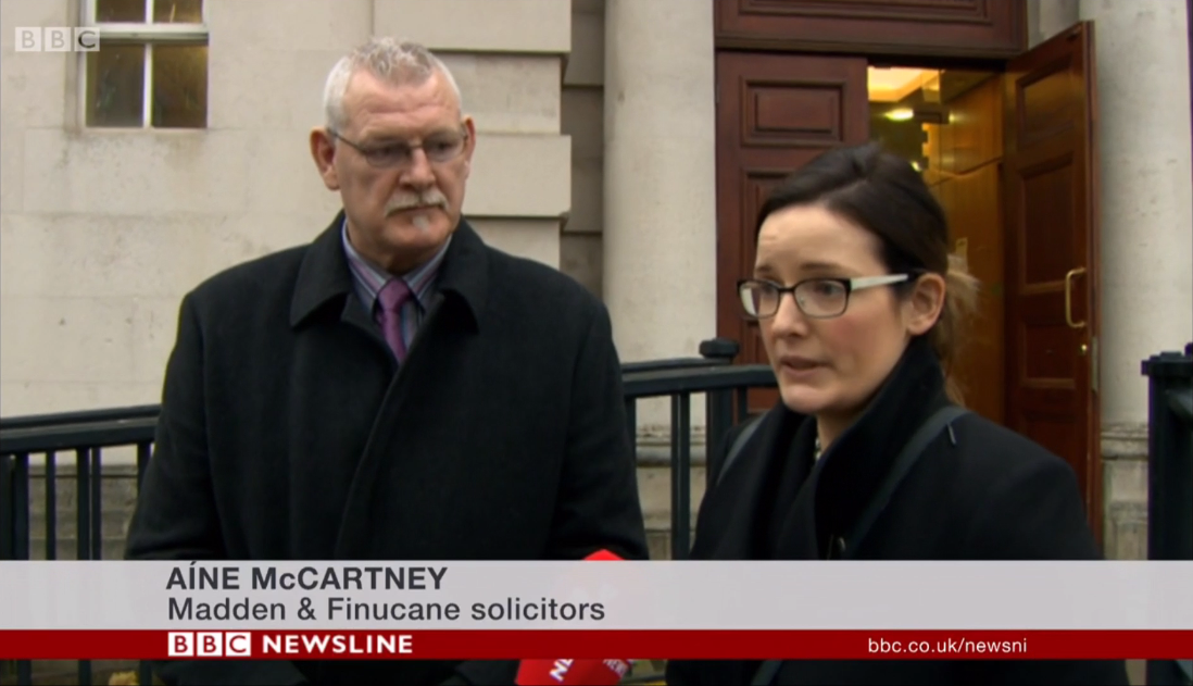 Aine McCartney of Madden & Finucane Solicitors talks to reporters outside the Court of Appeal regarding R -v- David Tweed