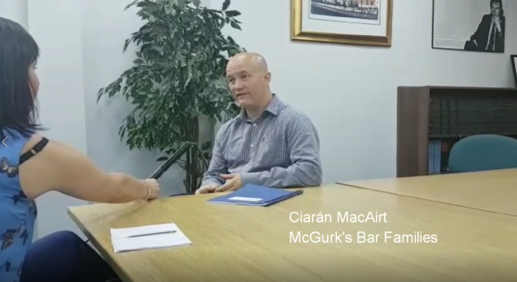 Ciarán MacAirt speaking at Madden & Finucane offices today regarding the Attorney General’s refusal to hold a fresh inquest into his Grandmother’s murder in the McGurk’s bar bombing in 1971