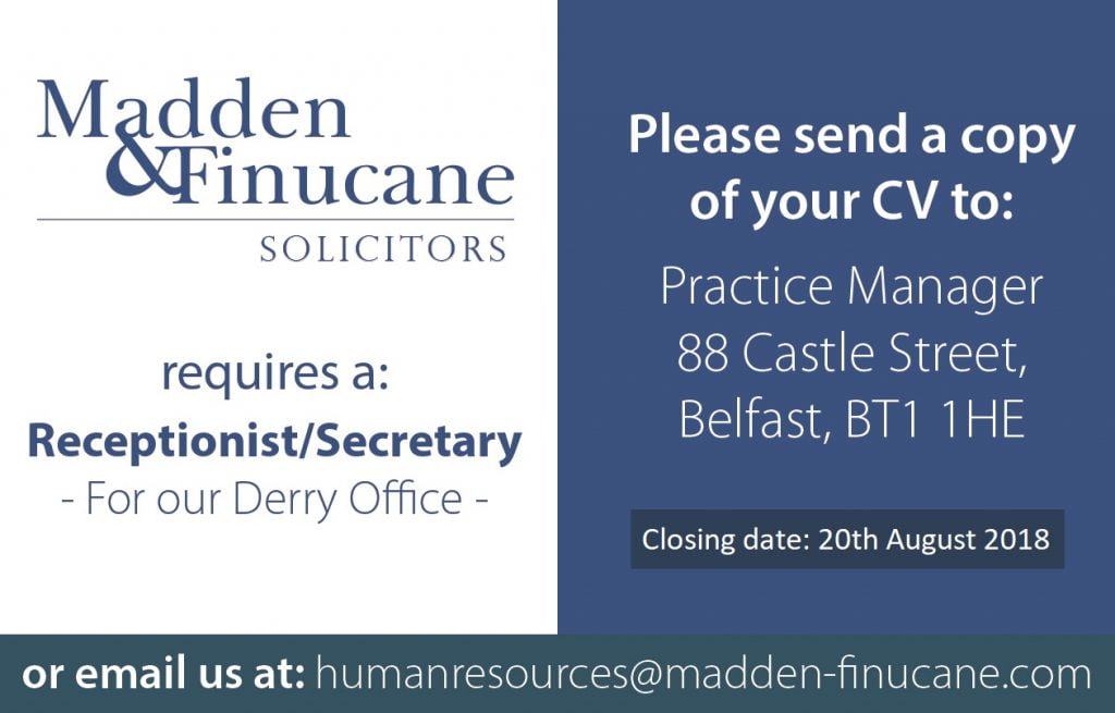 Leading Derry Solicitors Office Currently Recruiting for a Receptionist/Secretary