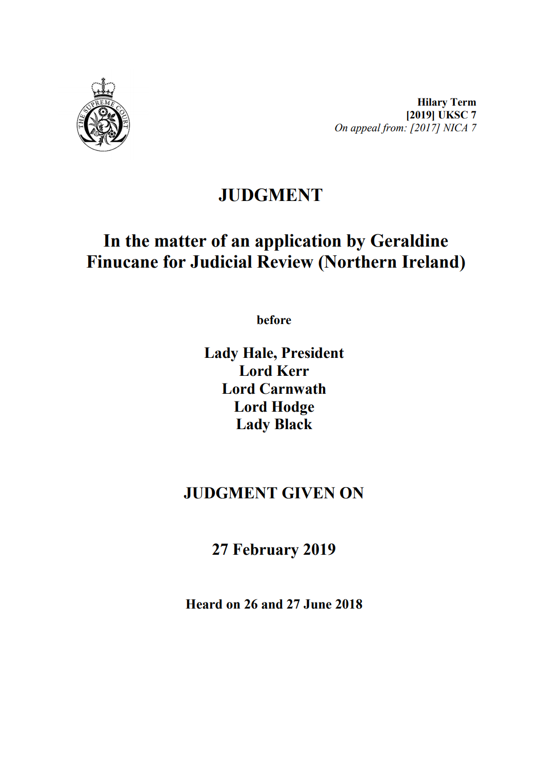 UK Supreme Court Judgment - In the matter of an application by Geraldine Finucane for Judicial Review (Northern Ireland)