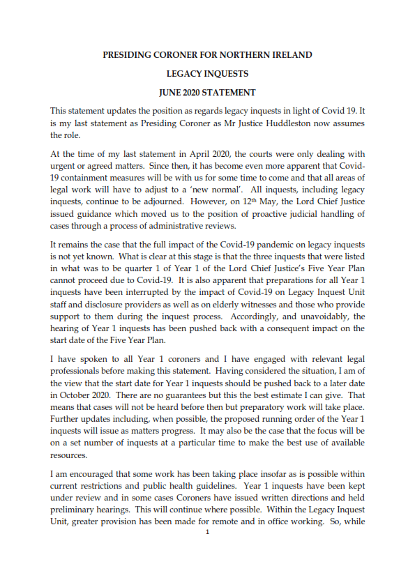 Statement issued today by Presiding Coroner on Legacy Inquests in NI and the impact of COVID-19
