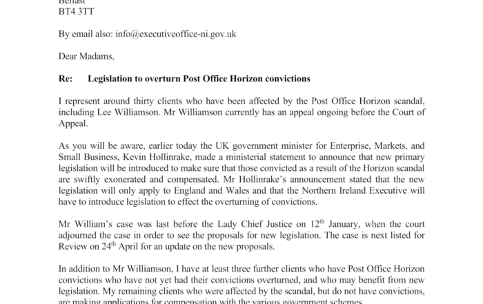 Letter to First Minister & Deputy First Minister, Post Office Horizon convictions