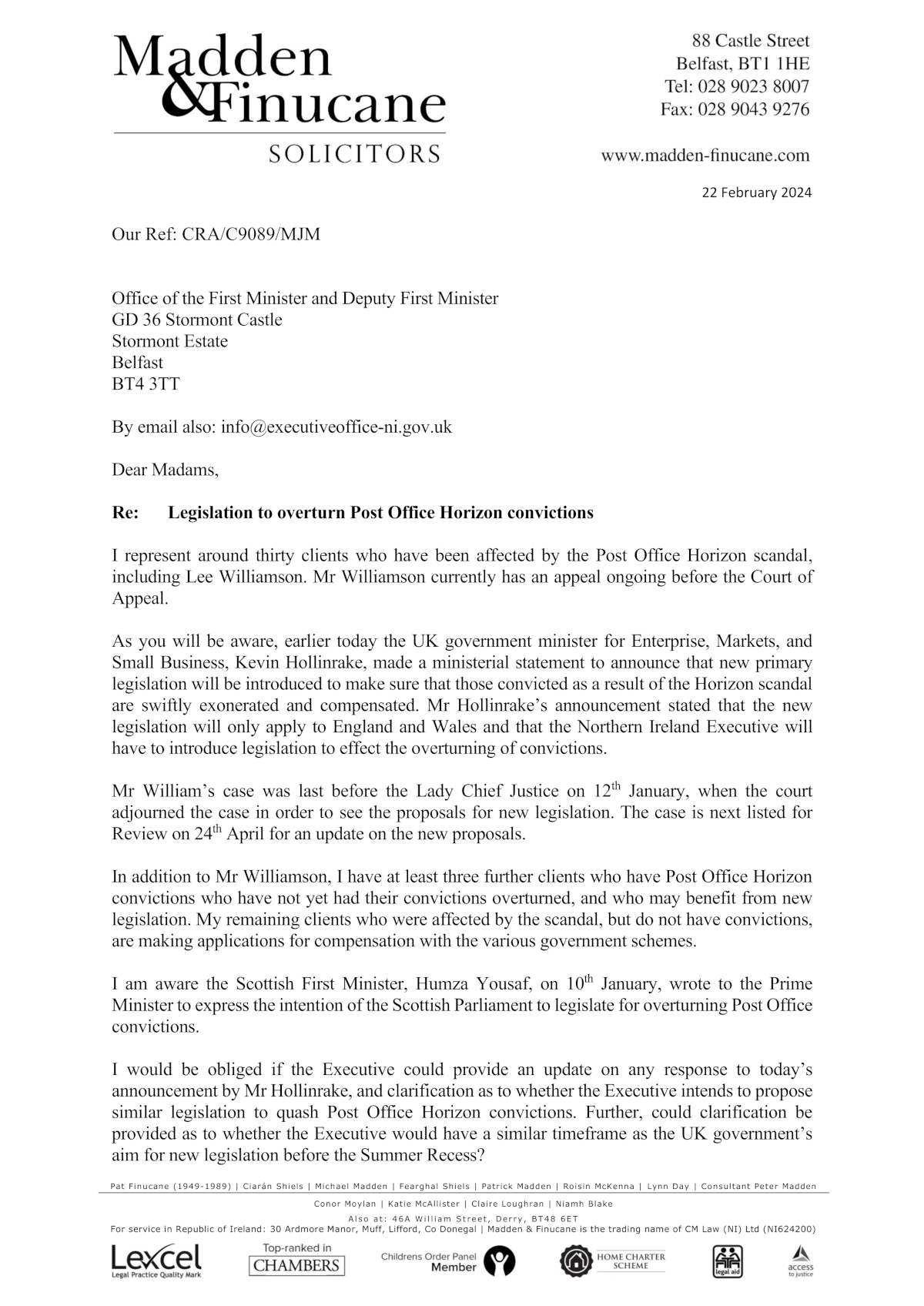 Letter to First Minister & Deputy First Minister, Post Office Horizon convictions