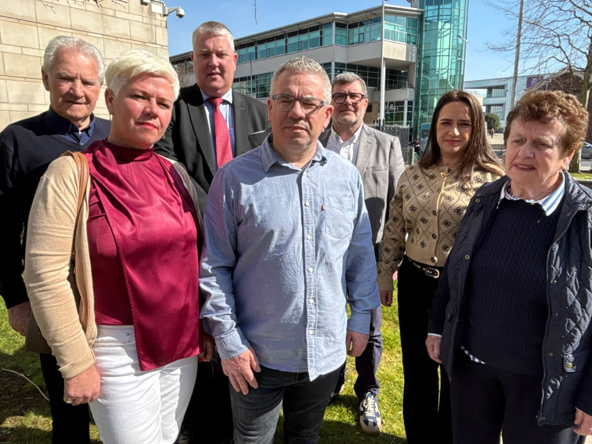 Members of the Cairns family and their solicitor Fearghal Shiels of Madden & Finucane outside Belfast Magistrates’ Court on Friday.