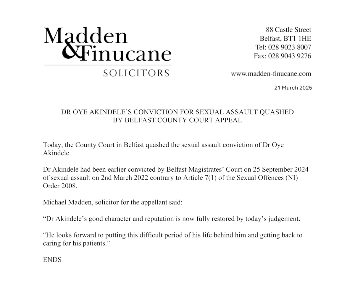 Dr Oye Akindele’s Conviction Quashed By Belfast County Court Appeal