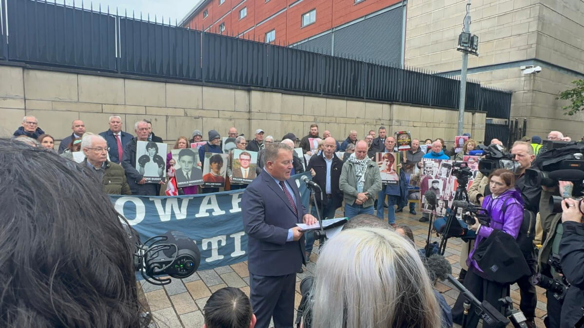 Ciarán Shiels speaks outside Laganside Courts, Belfast